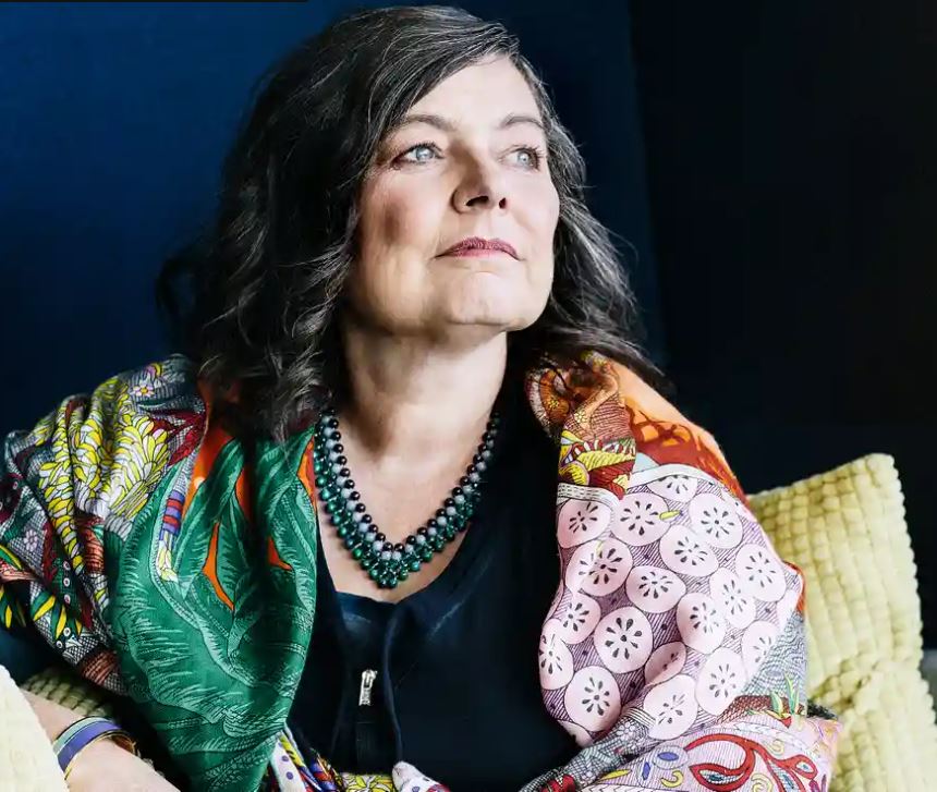 Influential women in tech Anne Boden dressed in beautiful colourful shawl