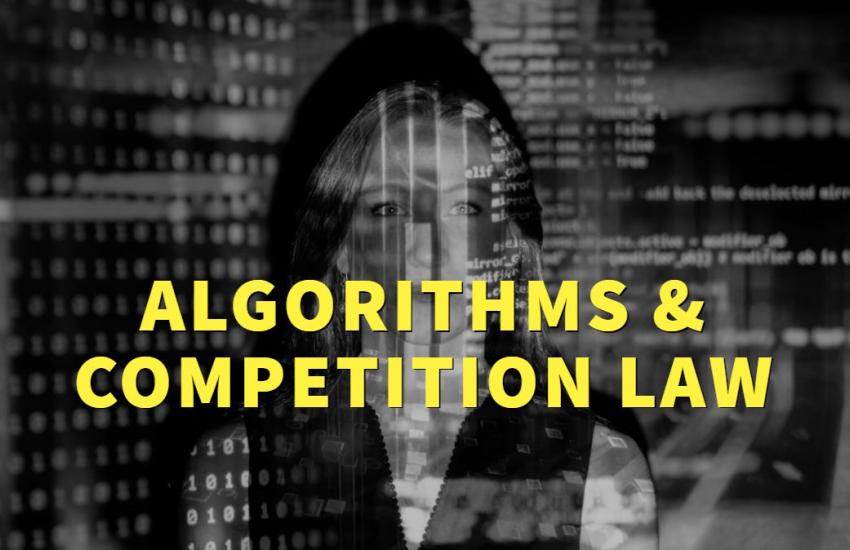 Algorithms and competition law text on black and white lady's face