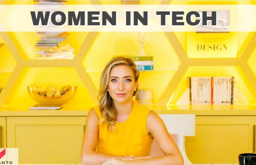 Influential women in tech and Whitney Wolfe Herd at a desk in a yellow dress