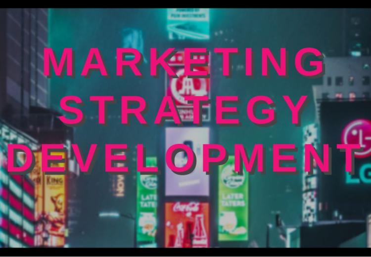 marketing strategy development pink text on tokyo background